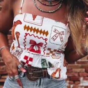 Baevely | Peplum Spaghetti Strap Top | Country/Western/Cherries | size S